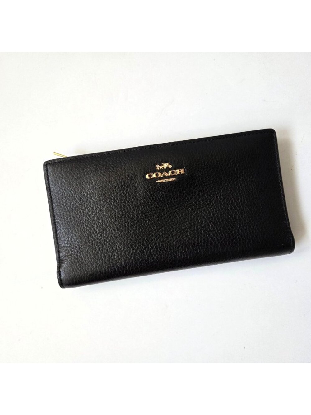 Coach Wallet Black Pebble Leather Slim Zip Bifold Gold Tone EUC C829